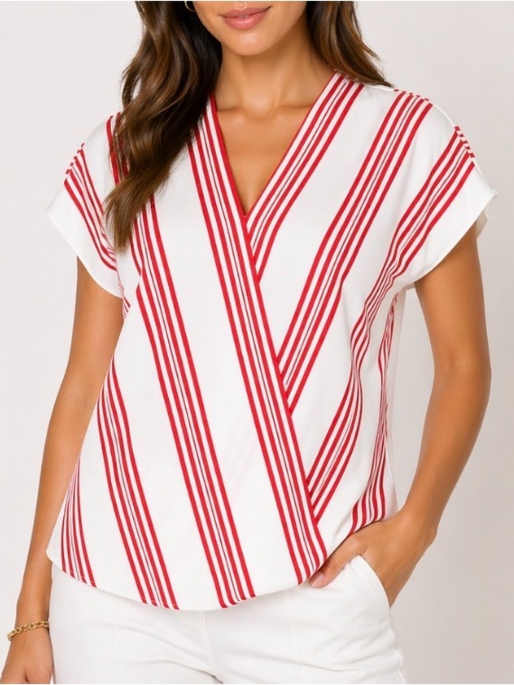 Talbots Women's blouse Faux Wrap Striped Top White Red Size MP short sleeve top